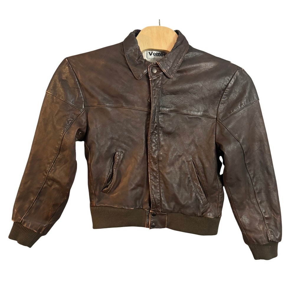 Vetter Vintage Brown Leather Bomber Jacket Map Print Lining Aviator Mens Small